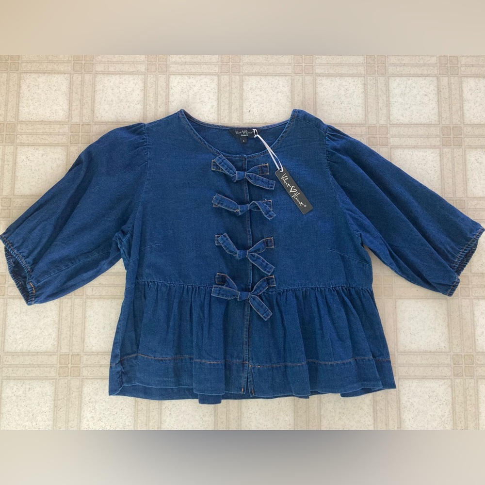 NWT Velvet Heart Lamont Calva Denim Bow Peplum Top L Large - Picture 4 of 8